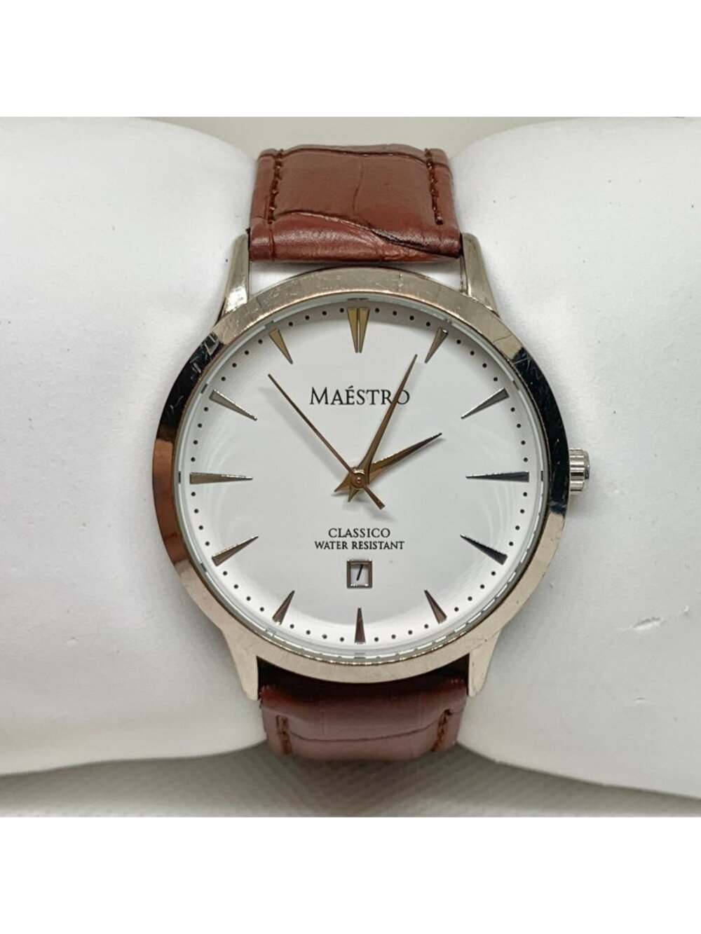 Maestro Classico men’s date watch silver tone quartz analog 40mm brown running